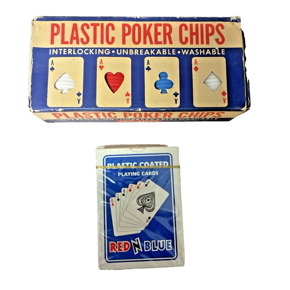 Red N Blue Plastic Coated Playing Cards‎ New Sealed & ACE Poker Chips, Vintage